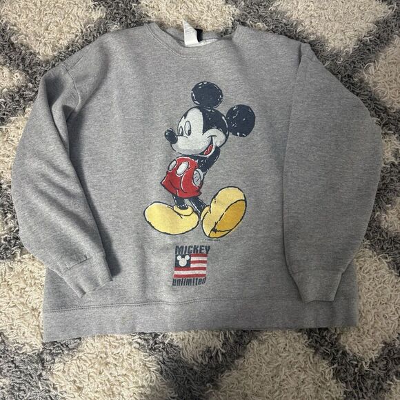 Vintage Mickey Unlimited Crewneck Sweatshirt M/L Mickey Mouse Gray‎ Fleece 90s - Picture 1 of 7